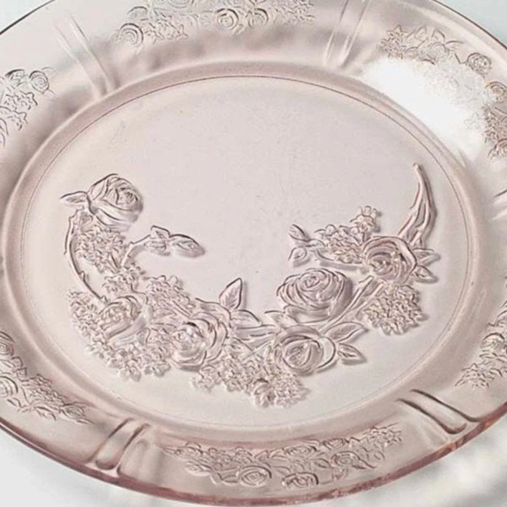 Vintage Pink Depression Glass Dinner Plate Rose Garden‎ Floral Etched 9 Inch